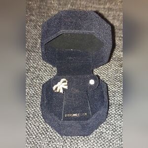 Elegant Diamond Bow and Diamond Stud Sterling Silver Earrings
